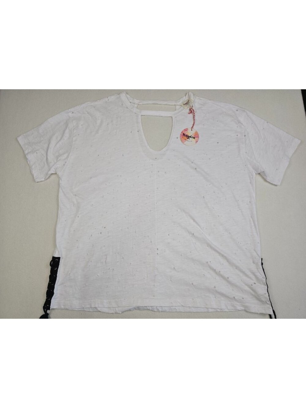 NWT Hayden Los Angeles White Cotton Distressed Tee Lace-Up Sides Keyhole 3XL